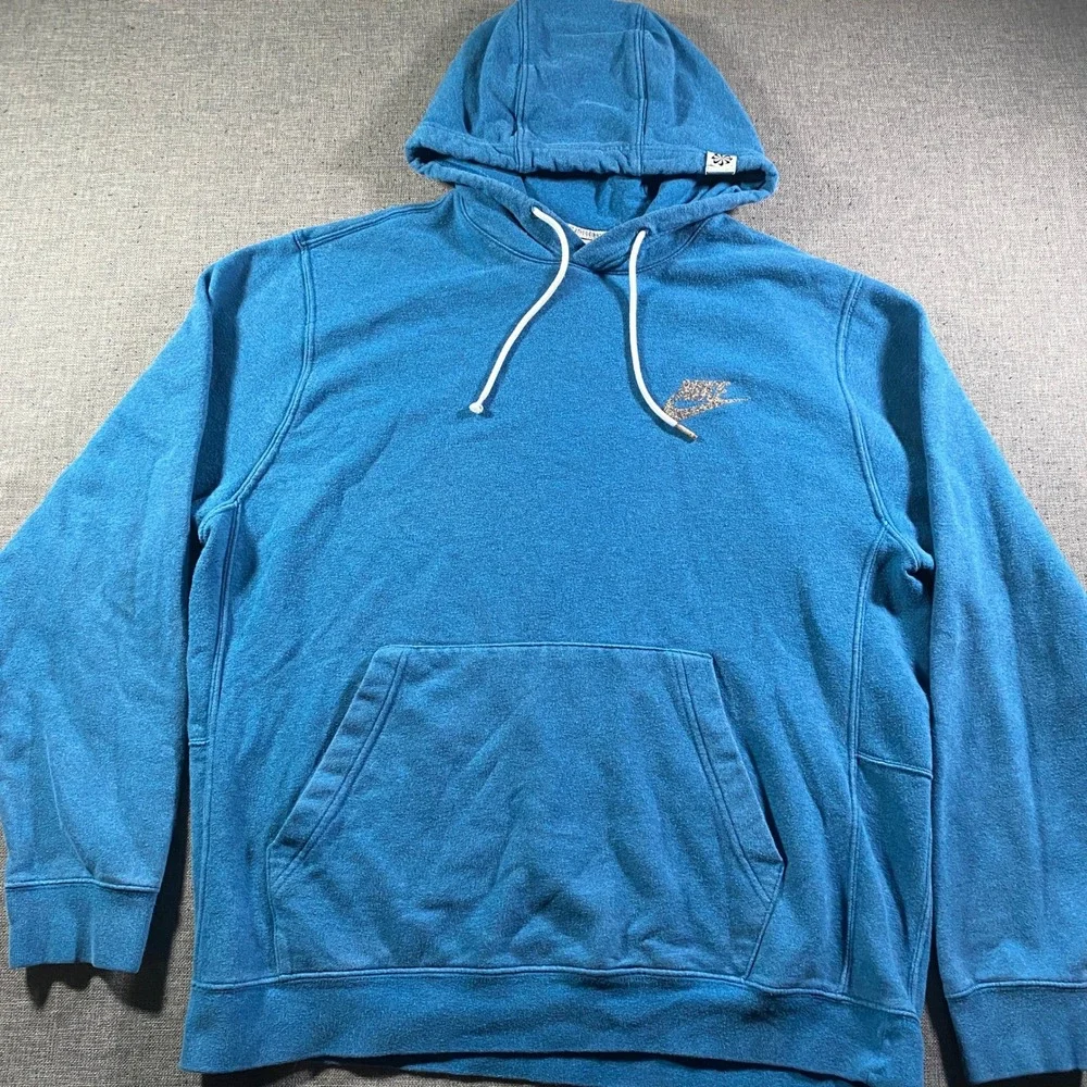 Nike Men's Blue Hoodie Pullover Athletic Stone Swoosh Logo Cotton Blend‎ Size L